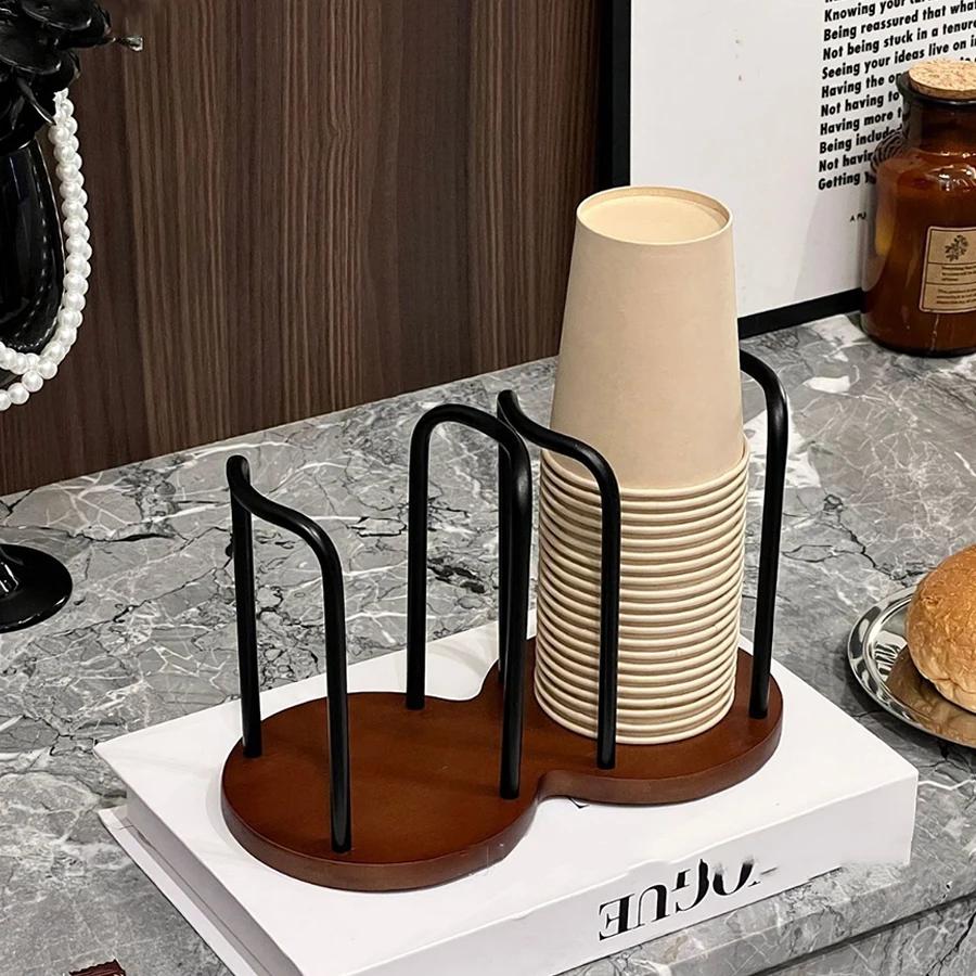 Disposable Cup Storage Holder Rack Shelf Water Tea Cups Wood Dispenser with Longer Stick Mug Display Stand Organizer Supplies