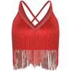 Womens Salsa Dance Top Latin Performance Wear V Neck Sleeveless Crop Top Crisscross Back Fringe Detail