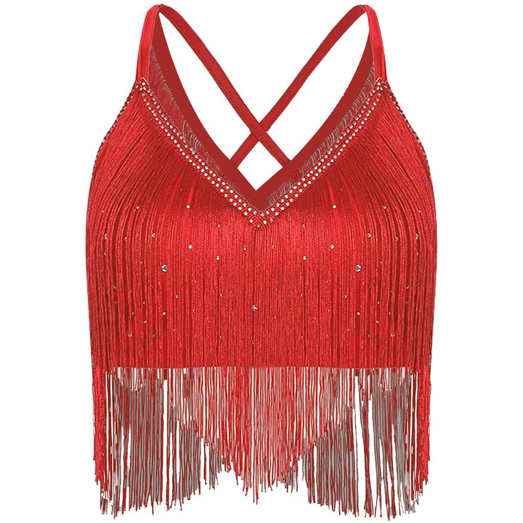 Womens Salsa Dance Top Latin Performance Wear V Neck Sleeveless Crop Top Crisscross Back Fringe Detail