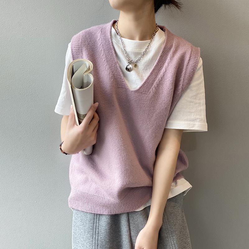 Johnature Корейский простой V-образный вырез однотонный пуловер женские топы весна лето без рукавов универсальный свободный топ