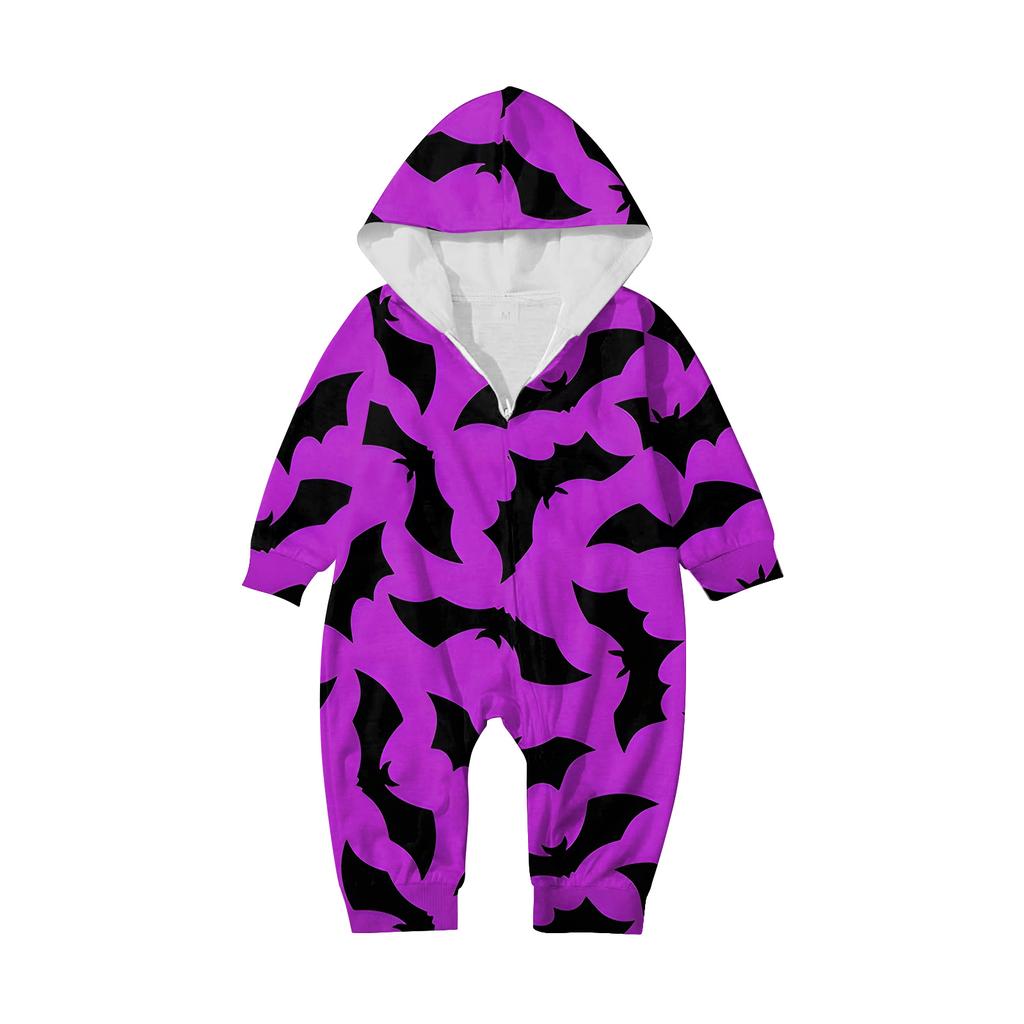 Halloween Printed Family Matching Hooded Long Sleeved Zippered Hooded  Jumpsuit Set