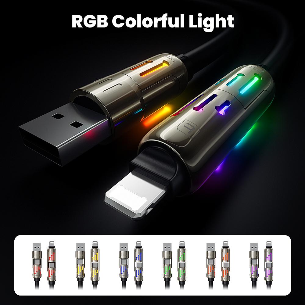 TOOCKI TQ-X103 2m USB-A/USB-C to USB-C/iP 240W Fast Charging Data Cable with Colorful Breathing Light