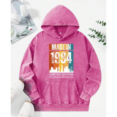 Худи с принтом дизайна "Сделано в 1984 году", женские хлопковые худи с карманом, свободный уличный стиль, повседневный пуловер оверсайз