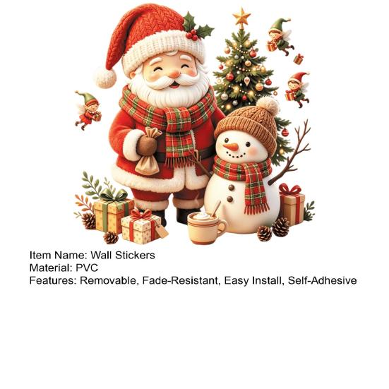 Removable Cartoon Wall Murals Cute Santa Snowman Christmas Decals, PVC Stickers with Party Room Decor Elf Gift Elements, Festive for Toilet