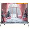 1pc polyester Christmas background with snow scene, pink curtains and holiday decorations - Winter holiday banner decoration