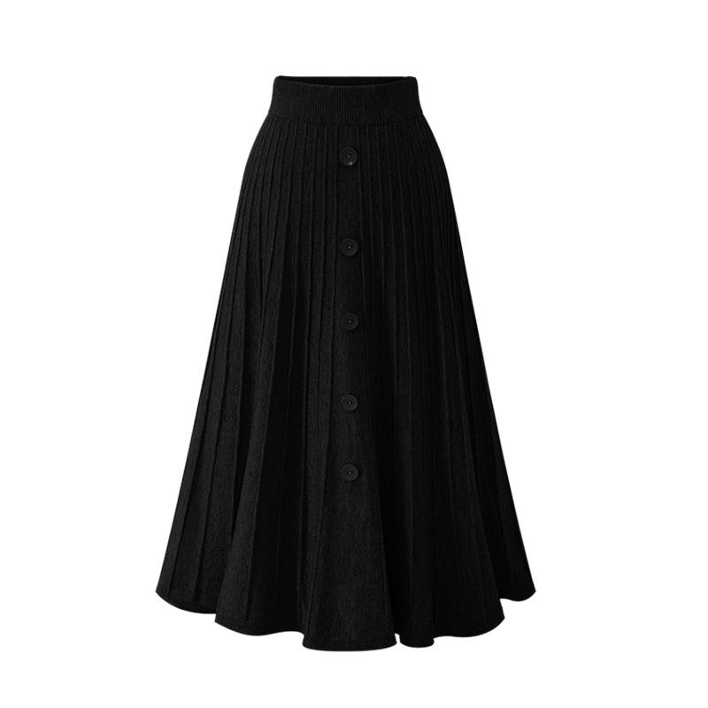 Mid-length Skirt for Women In Autumn and Winter New Loose Large Size Single-breasted A-line Large Swing Strip High Waist Knitted Pleated Skirt