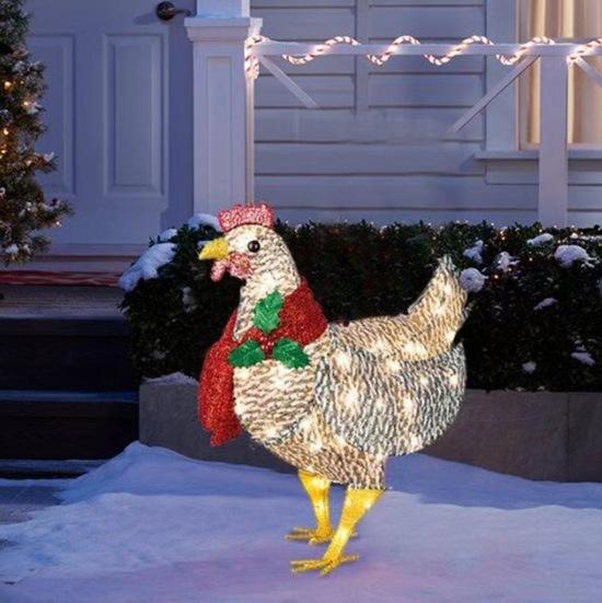Luminous Chicken with Scarf Holiday Decoration, LED Christmas Outdoor Decoration, Christmas Garden Art with Lights