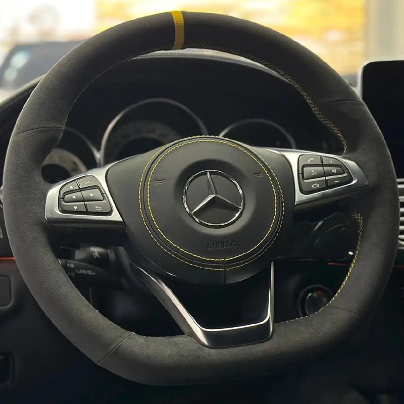 CQL1 For Mercedes Benz W176 W246 W205 C117 218 X218 C253 W213 W166 Hand-stitched black suede carbon fiber car steering wheel cover