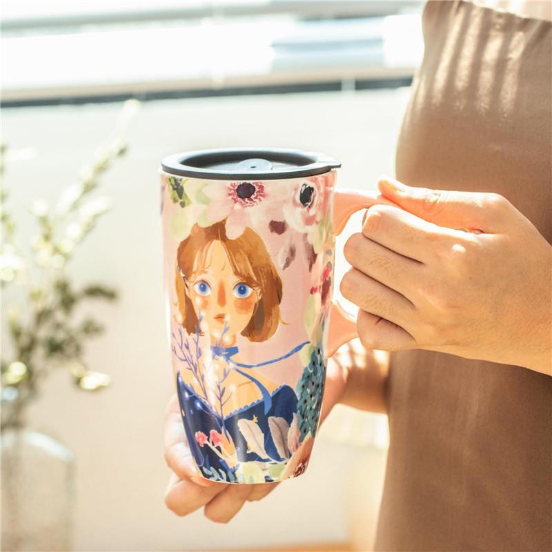Керамическая кружка для кофе большой емкости, дорожная кружка с крышкой, кружки для латте с ручкой, домашняя чашка для питья, цветочная чашка для чая