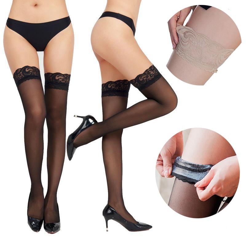 Lady Non Slip Silicone Stocking Women's Fashionable Peacock Lace Top Shiny Stockings Tiptoe Transparent Breathable and Sexy Hosiery