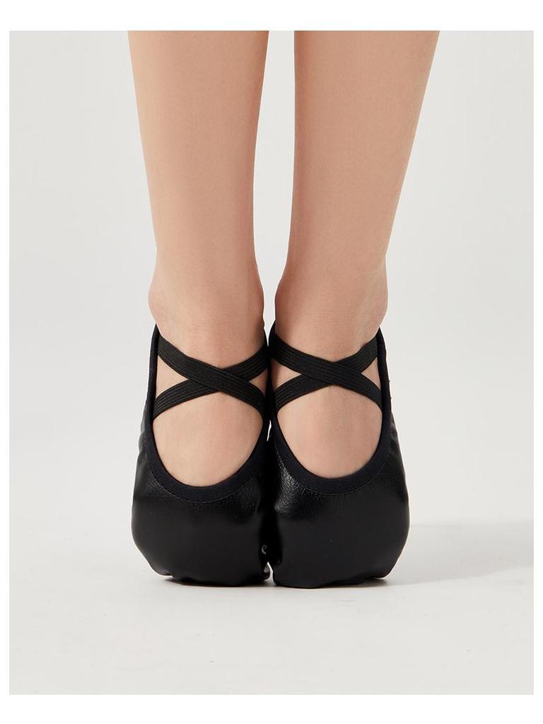 Women's Soft Sole Ballet Dance Shoes, Black PU Leather, Two-Point Bottom