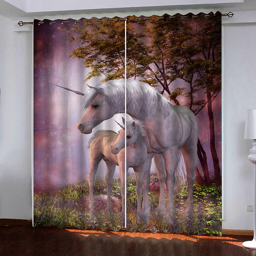 Horse With Wooden Door 3D Digital Printing Bedroom Living Room Window Curtains 2 Panels