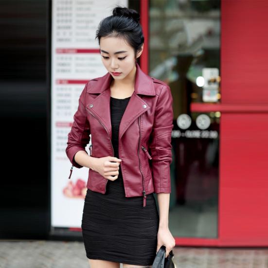 Женское весенне-осеннее пальто из искусственной кожи с отложным воротником на молнии и карманами ветрозащитная молния сплошной цвет плюс размер мотоциклетная куртка с длинными рукавами