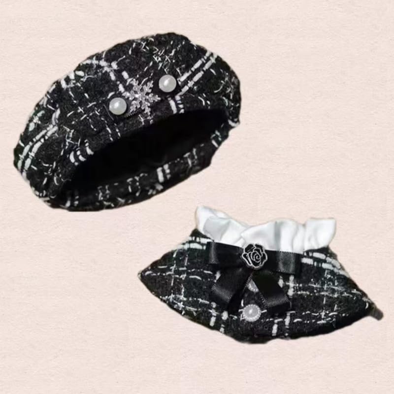 Tweed Beret & Cape for 15cm Doll, Black Poncho, Hat, Cape, and Shawl Set, Check Pattern [Used]