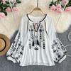 Autumn Casual Women Blouse Fashion V-neck Long Lantern Sleeve Embroidery Shirts Vintage Minority Ladies Tops