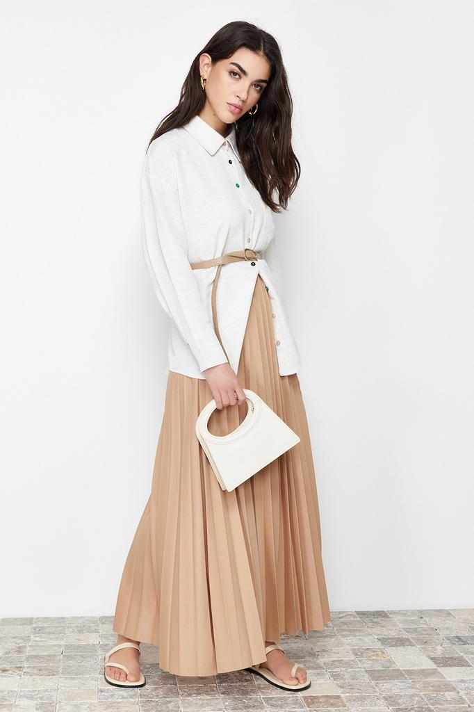 Women's Fashion Ecru Lined Polka Dot Pleated Woven Skirt