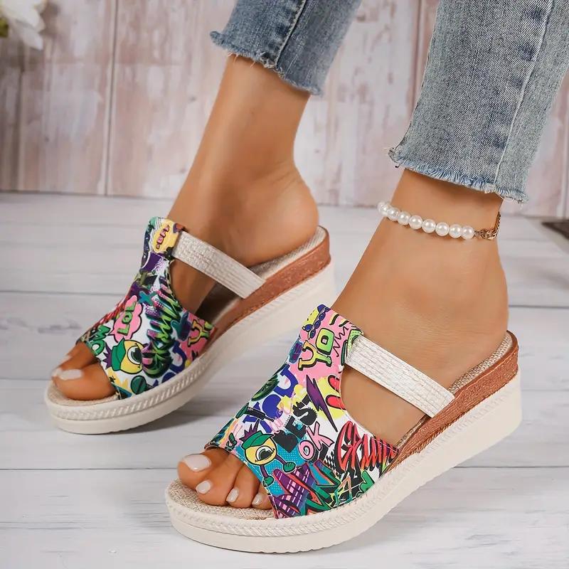 Women's Skull Printed Sandals, Colorful Woven Seaside Slide Platform Shoes, Halloween Comfort Wedge Beach Slide