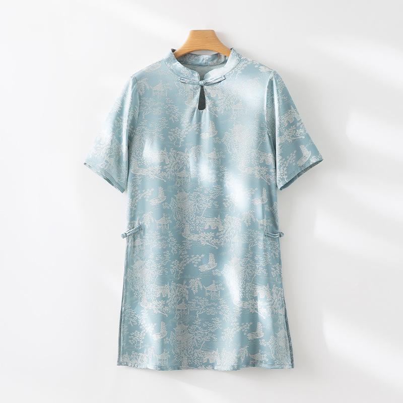 New Chinese style national style pattern shirt women's 1116 spring and summer new buckle stand-up collar short-sleeved temperament fashion top