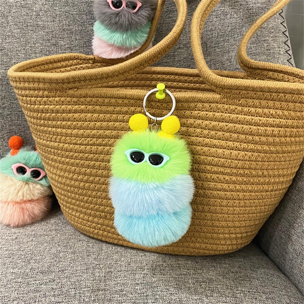 Cute Colorful Plush Caterpillars Keychain With Sunglasses Soft Rabbit Fur Animal Pompom Pendant With Key Rings For Women Handbag