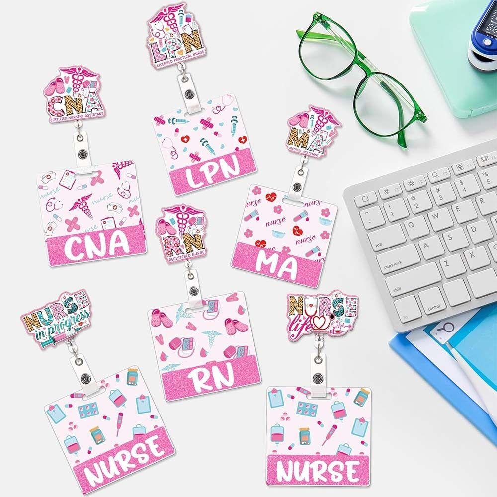 Pink Glitter Retractable ID Holder Alligator Clip Name Cards Holders Identification Tags