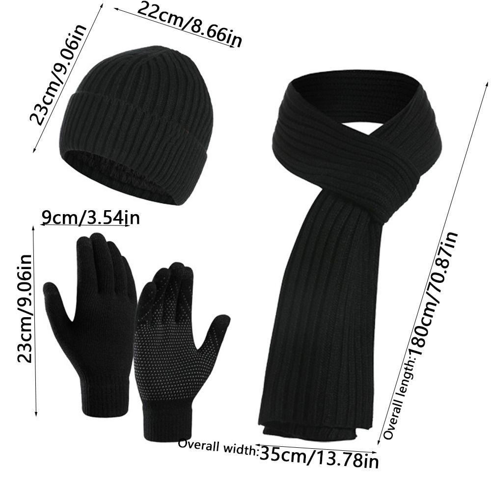 3 In 1 Knitted Cap Solid Color Touchscreen Gloves Simple Winter Cable Beanie Hat for 3Pcs/Set Men
