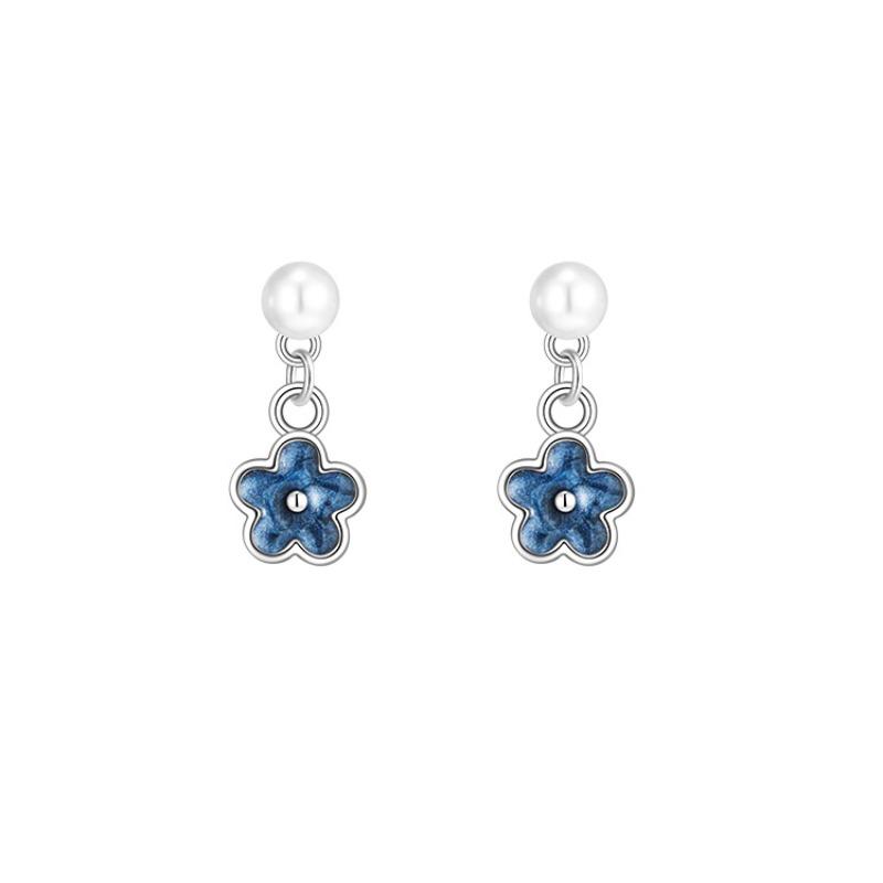 Mini Cute Sweet 925 Sterling Silver Pearl Blue Flower Gold Color Stud Earrings for Woman Korean Piercing Jewelry Accessory Gifts