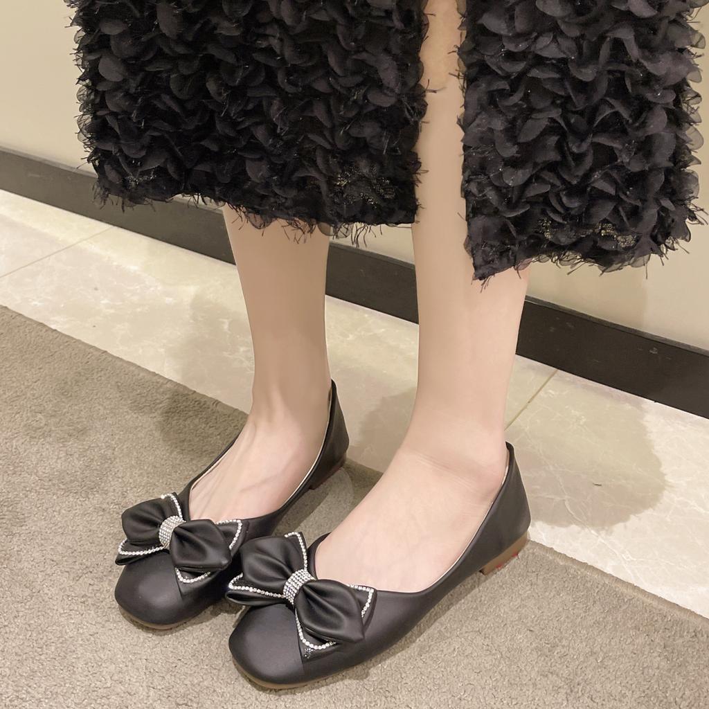 Fashion 2024 Ballet Flats Shoes Women Bowknot Decor Leather Heeled Loafers Round Toe Slip-on Spring Autumn Fashion Casual Ladies Shoes