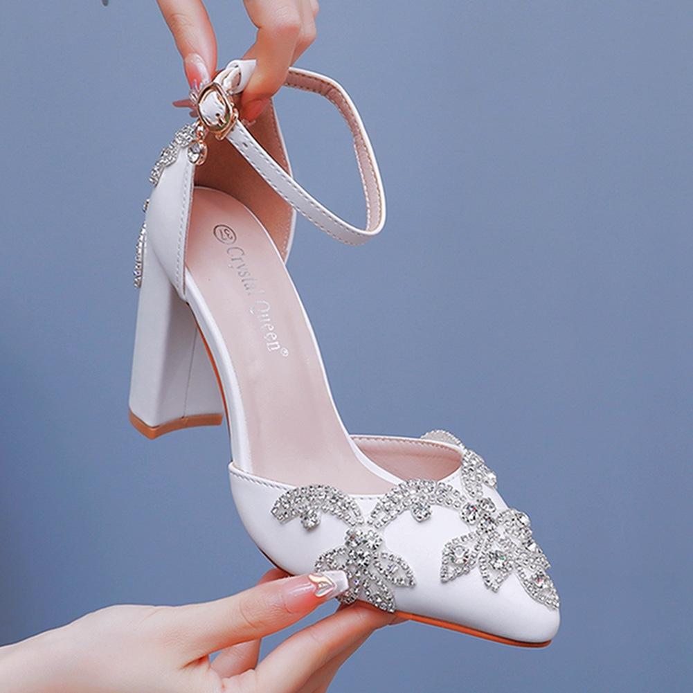 Туфли-лодочки на толстом каблуке 10 см с острым носком, большого размера, сандалии на толстом каблуке, свадебные туфли со стразами, женские белые свадебные туфли с бриллиантами