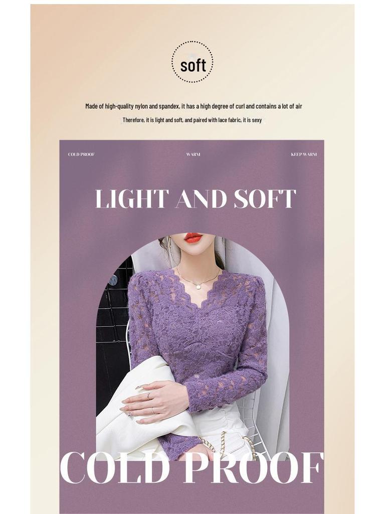 V-Neck Slim Lace Bottoming Top with Chest Pad – Long Sleeve Women's T-Shirt