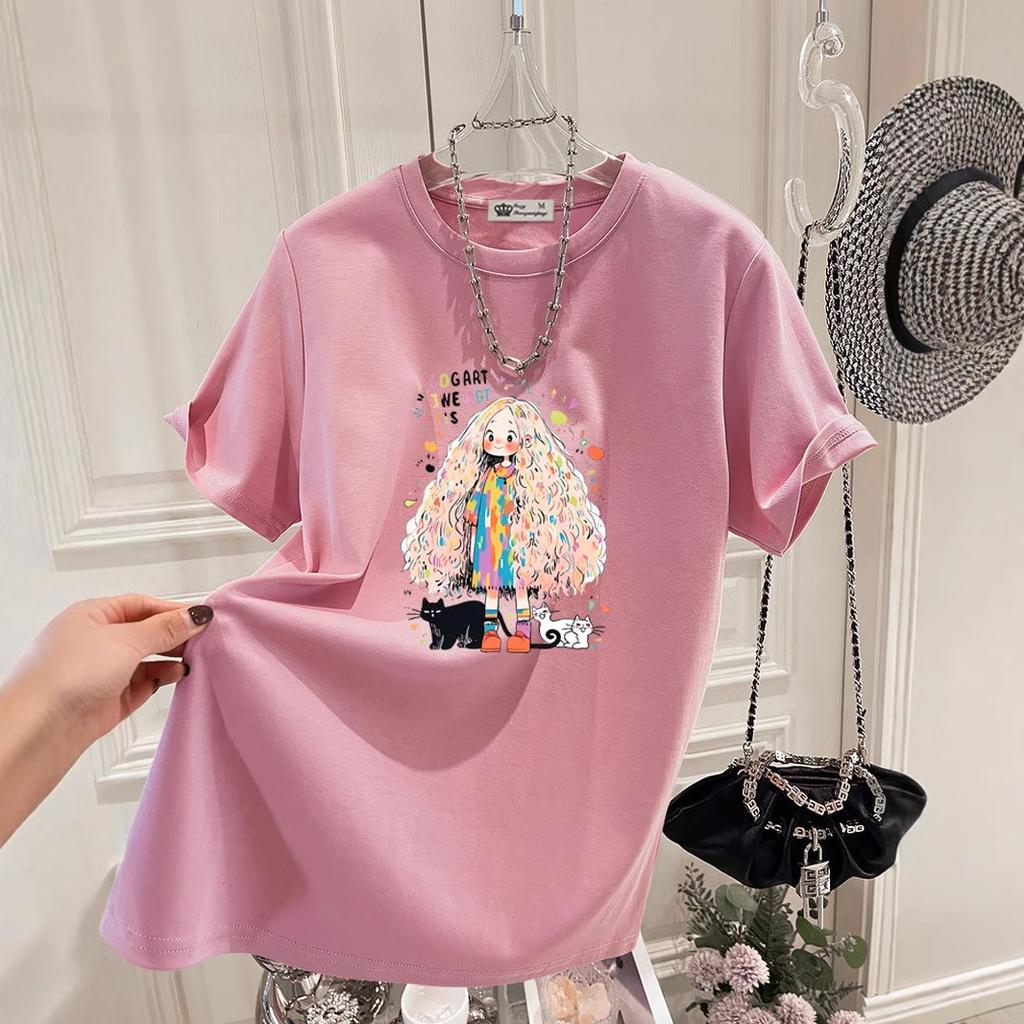 Новая летняя корейская модная женская футболка с короткими рукавами из хлопка и кота, большая версия, для женщин, средняя длина