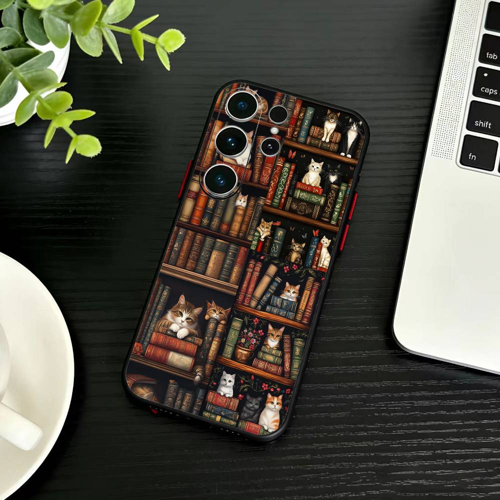Винтажная книжная полка Кот Чехол для телефона Для Samsung S26,S25,S24,S23,S22,S21,S20,Plus,Fe,Lite,Другие Черный Чехол