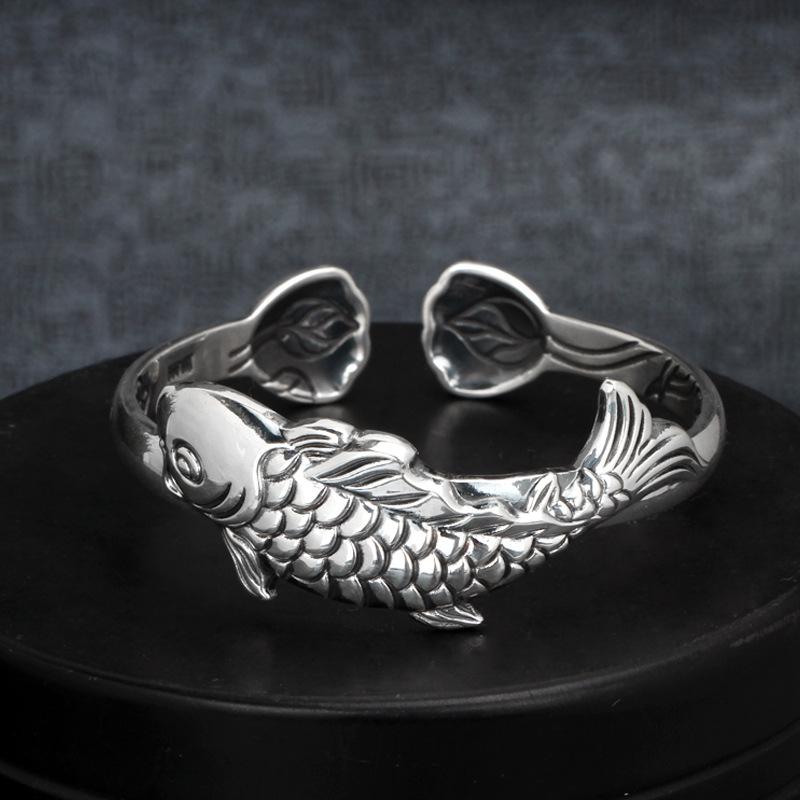 Высококлассный браслет женский браслет «Лотос-рыба» широкой версии в ретро-этническом стиле с открытым концом, украшение для мамы
