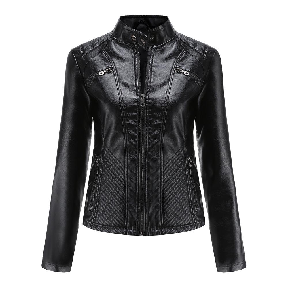 Women's Slim Fit Casual Leather Jacket with Stand Collar - Solid Color Spring/Autumn Outerwear