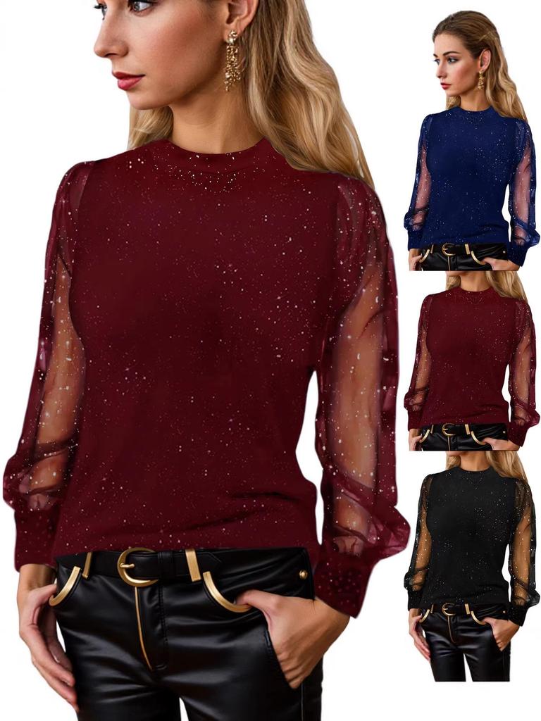 2026 Европейская блестящая женская повседневная свободная футболка с длинным рукавом и круглым вырезом