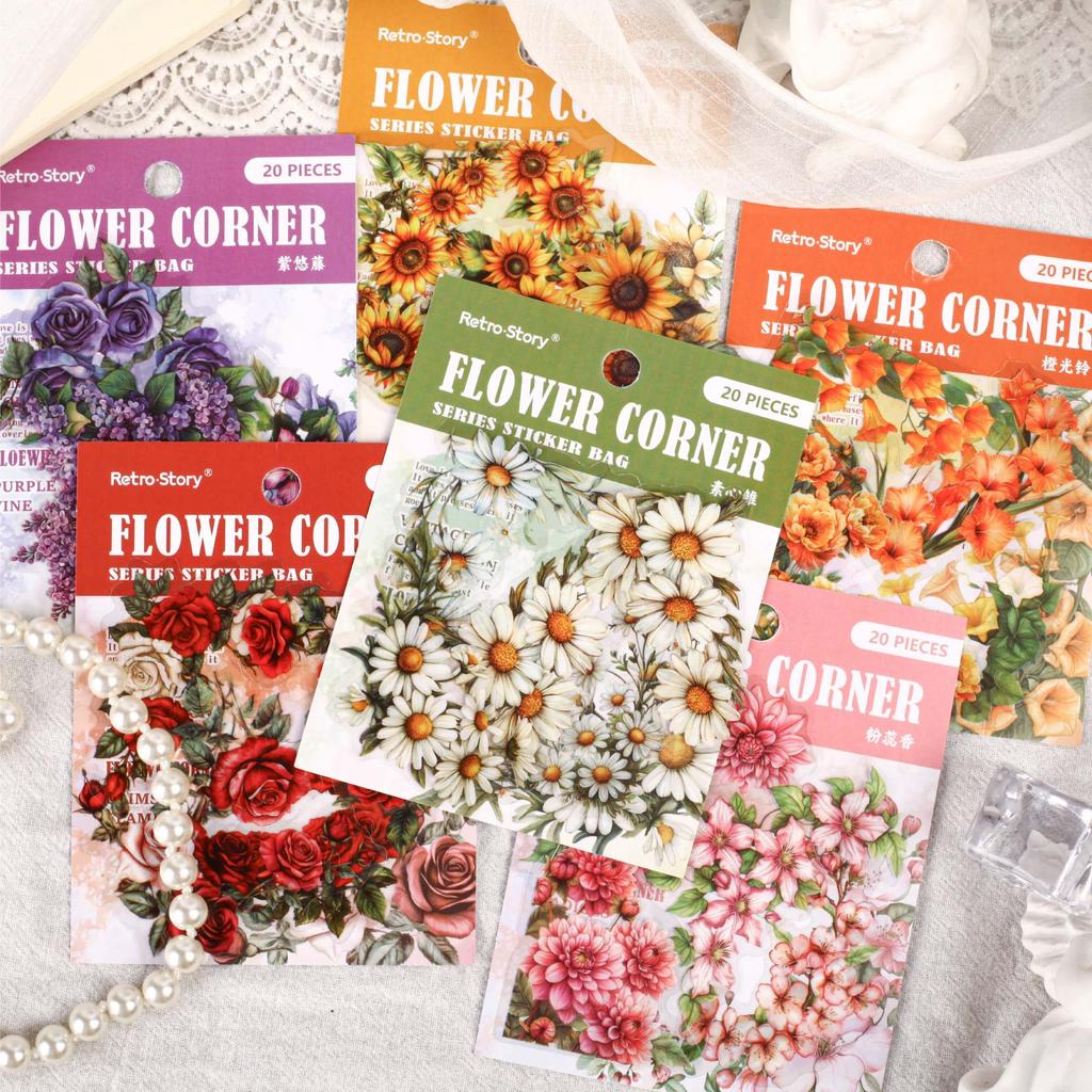 20pcs light retro PET flower corner stickers art collage Junk Journal decoration scrapbook diary album school stationery