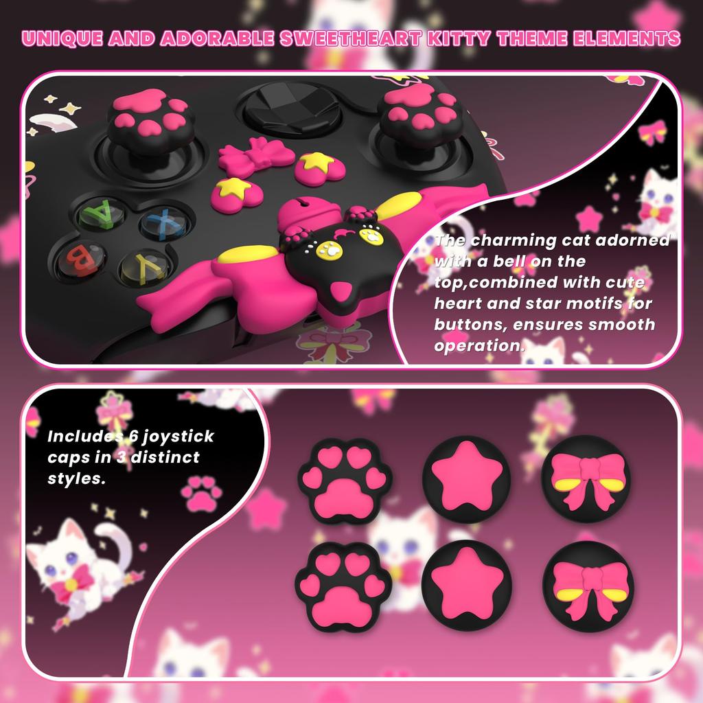 PlayVital Sweetheart Kitty Silicone Cover for Xbox Series Includes Thumb Grips and Cute Grip Cover X/S Controllers, Stickers, Design, Non-Slip [Black]