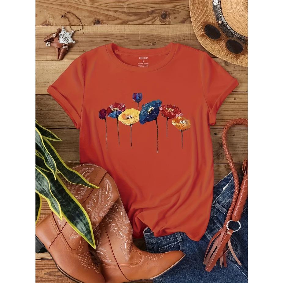 Женская повседневная футболка с цветочным принтом и бабочками - Дышащая, с коротким рукавом и круглым вырезом, для ношения в любое время года, женские футболки
