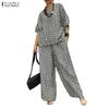 Women 3/4 Sleeve Blouse and Pants Casual Plaid Print Two Piece Suit Sets