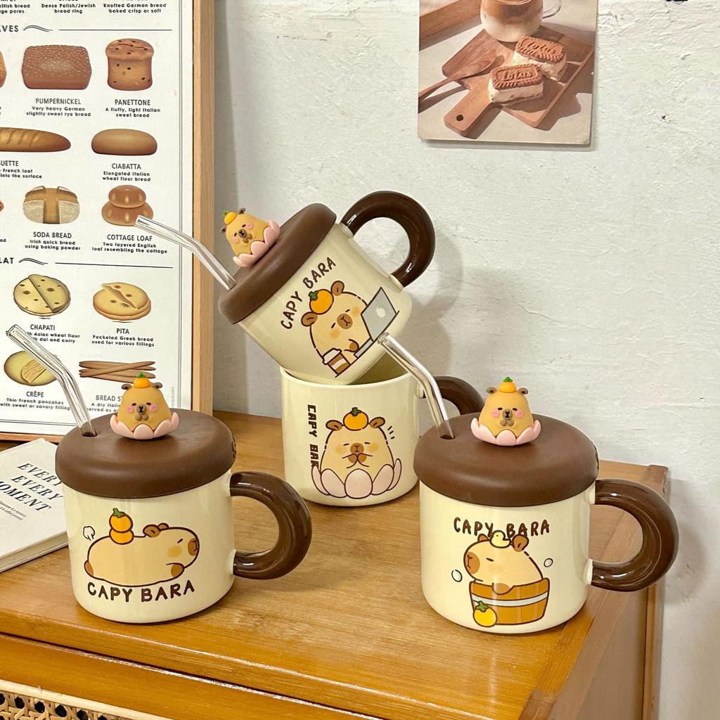 Керамическая чашка с крышкой и соломинкой, чашка для воды, милая кружка капибары, домашняя кофейная чашка для девушки с высоким вкусом