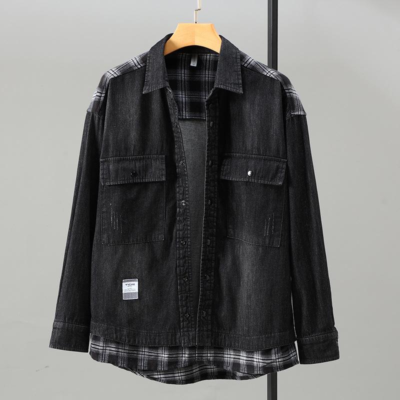 Весна/осень Чистый хлопок Повседневные джинсовые рубашки для мужчин Уличная одежда Две поддельные части Клетчатые пэчворк Свободные рубашки Стираная черная джинсовая рубашка