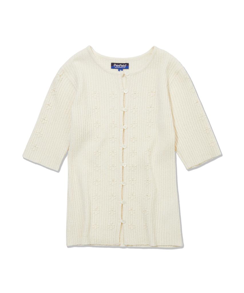 PENFIELD Round Neck Boucle Ribbed Flower Accent Short Sleeve Cardigan Off-White_Fs2Nj06F