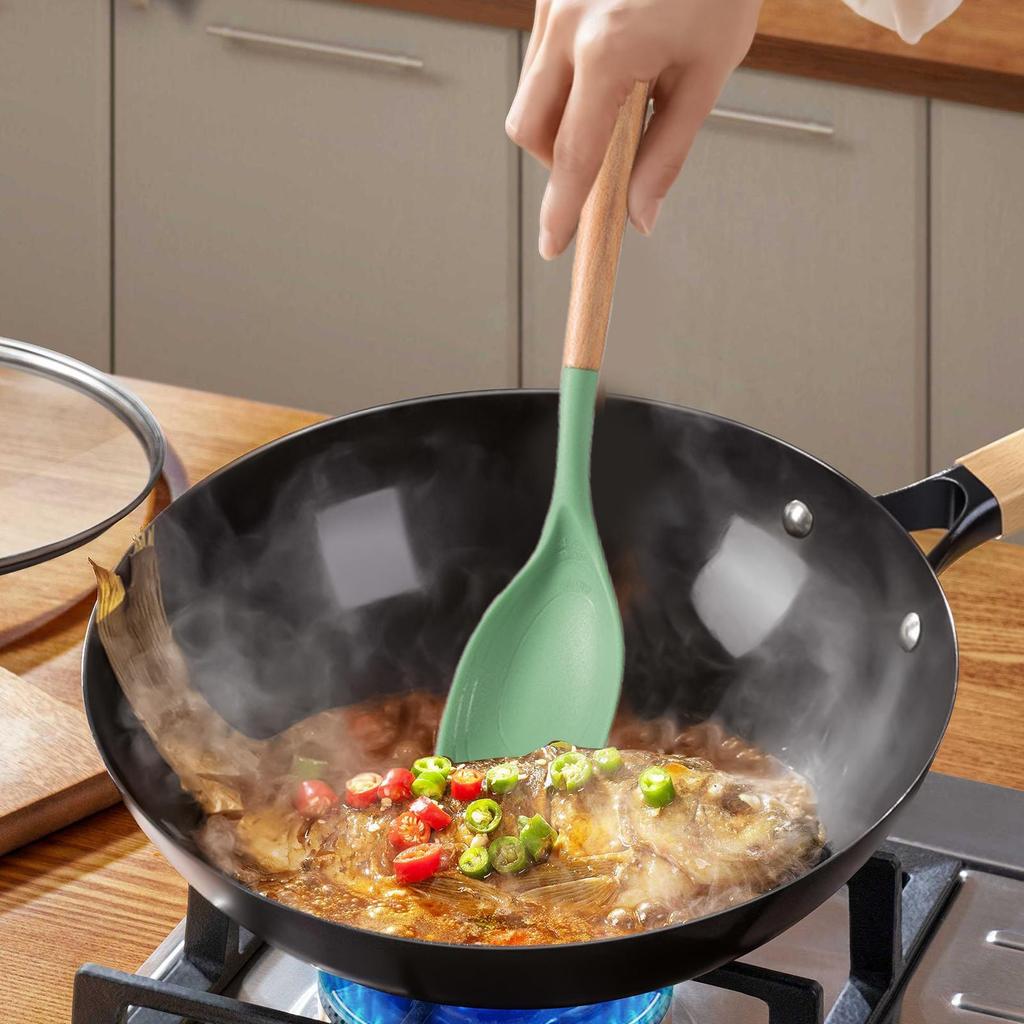 Spoon Spatula Dishwasher Safe Spoon Wooden Handle Kitchen Spatula For Kitchen Baking Mixing Scraping Serving Frying