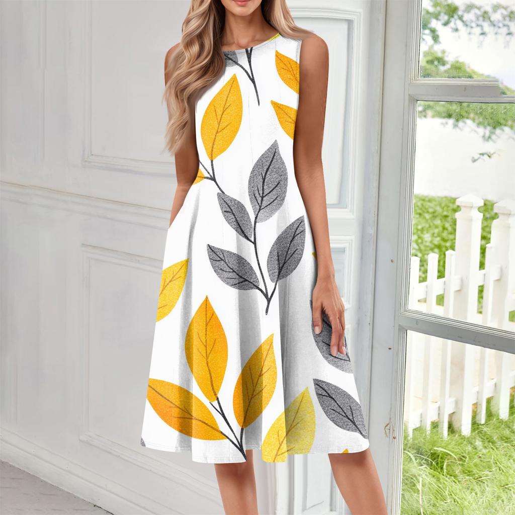 Женское повседневное модное платье миди с цветочным принтом и круглым вырезом без рукавов