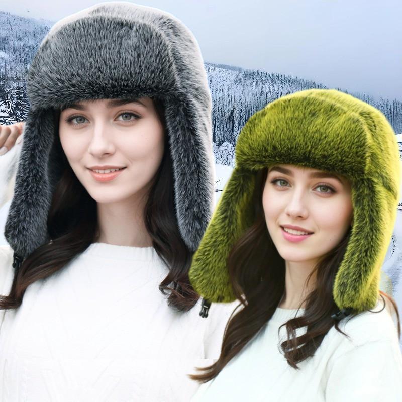 Womens Faux Fur Trapper Hat Winter Warm Windproof Ear Protection Beanie Outdoor Ski Cap Gray Navy Khaki