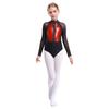 Girls Shiny Rhinestones Leotard Color Block Patchwork Keyhole Back Sheer Mesh Long Sleeve Bodysuit