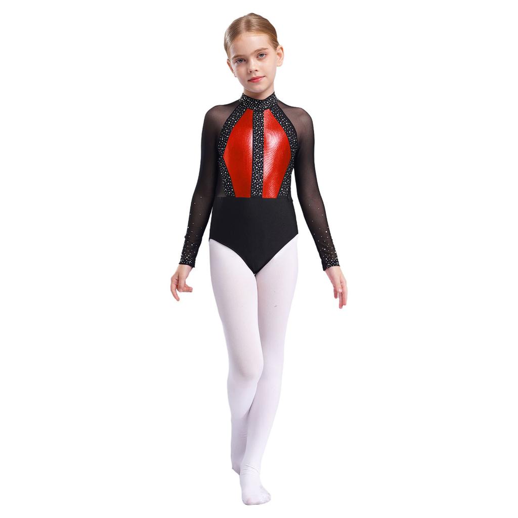 Girls Shiny Rhinestones Leotard Color Block Patchwork Keyhole Back Sheer Mesh Long Sleeve Bodysuit