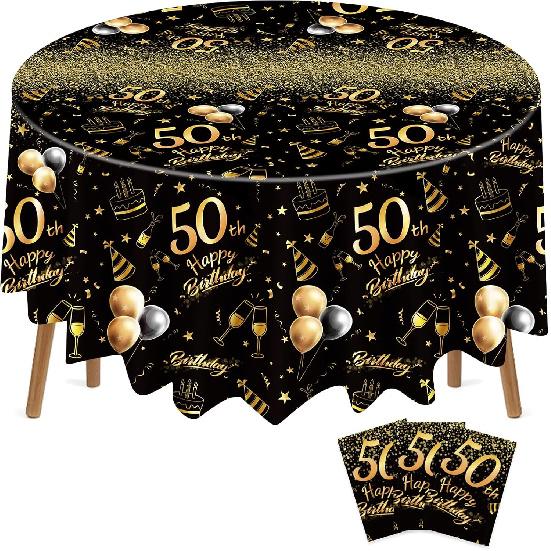 Oudain 3 шт. Скатерть для круглого дня рождения 50/70/80 лет, Черно-золотая, Декор для вечеринки в честь дня рождения, Одноразовая пластиковая скатерть 84 дюйма