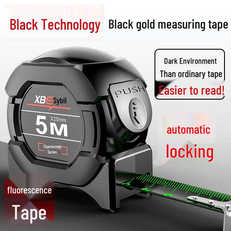 Высокоточная самоблокирующаяся флуоресцентная стальная рулетка, 5 м, износостойкая лазерная маркировка, черно-золотой корпус.