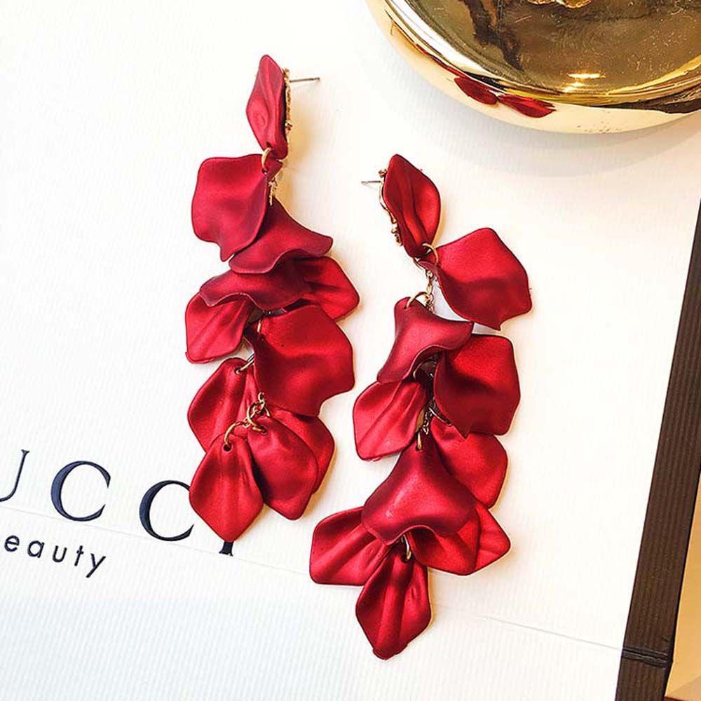 Vintage Red Rose Drop Petals Long Tassel Flower Jewelry Dangle Earrings Stud Earring Accessories