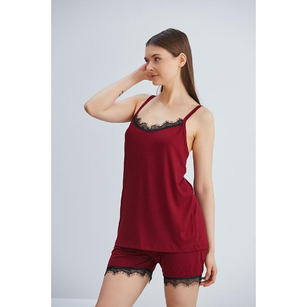 Viscose Knitted Shorts Rope Strap Lace Pajama Set Black